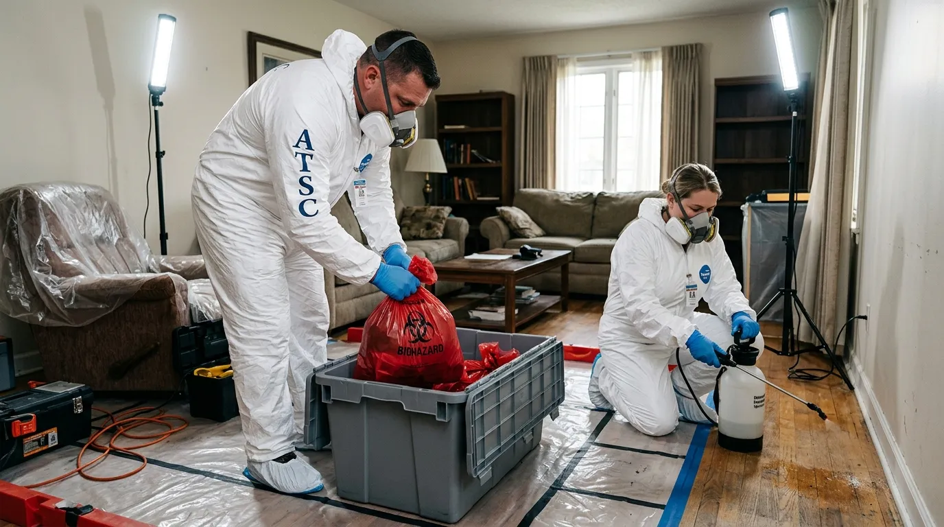 Professional Unattended Death Cleanup technician in full PPE working in Glasgow Village